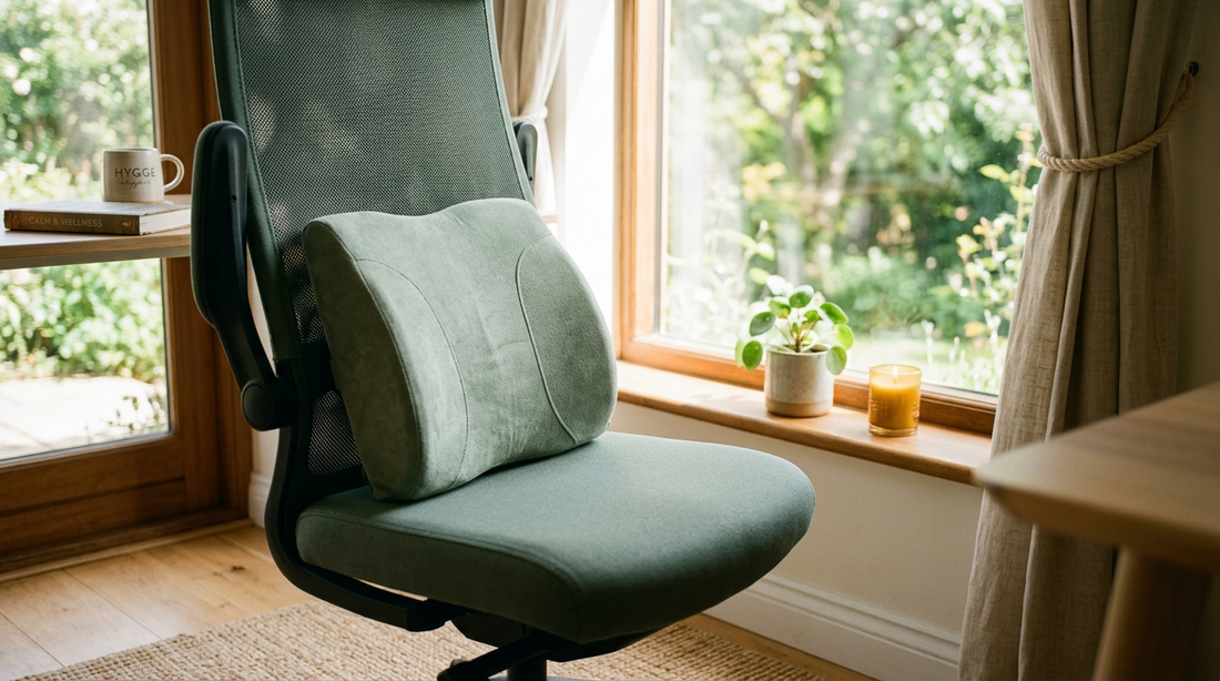 Memory-foam lumbar support cushion on an office chair