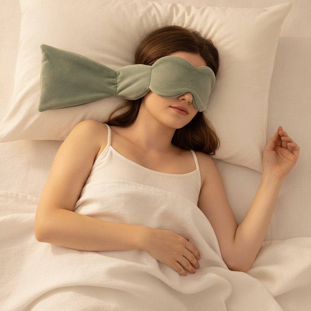 Woman asleep in bed wearing Napio Weighted Sleep Eye Mask