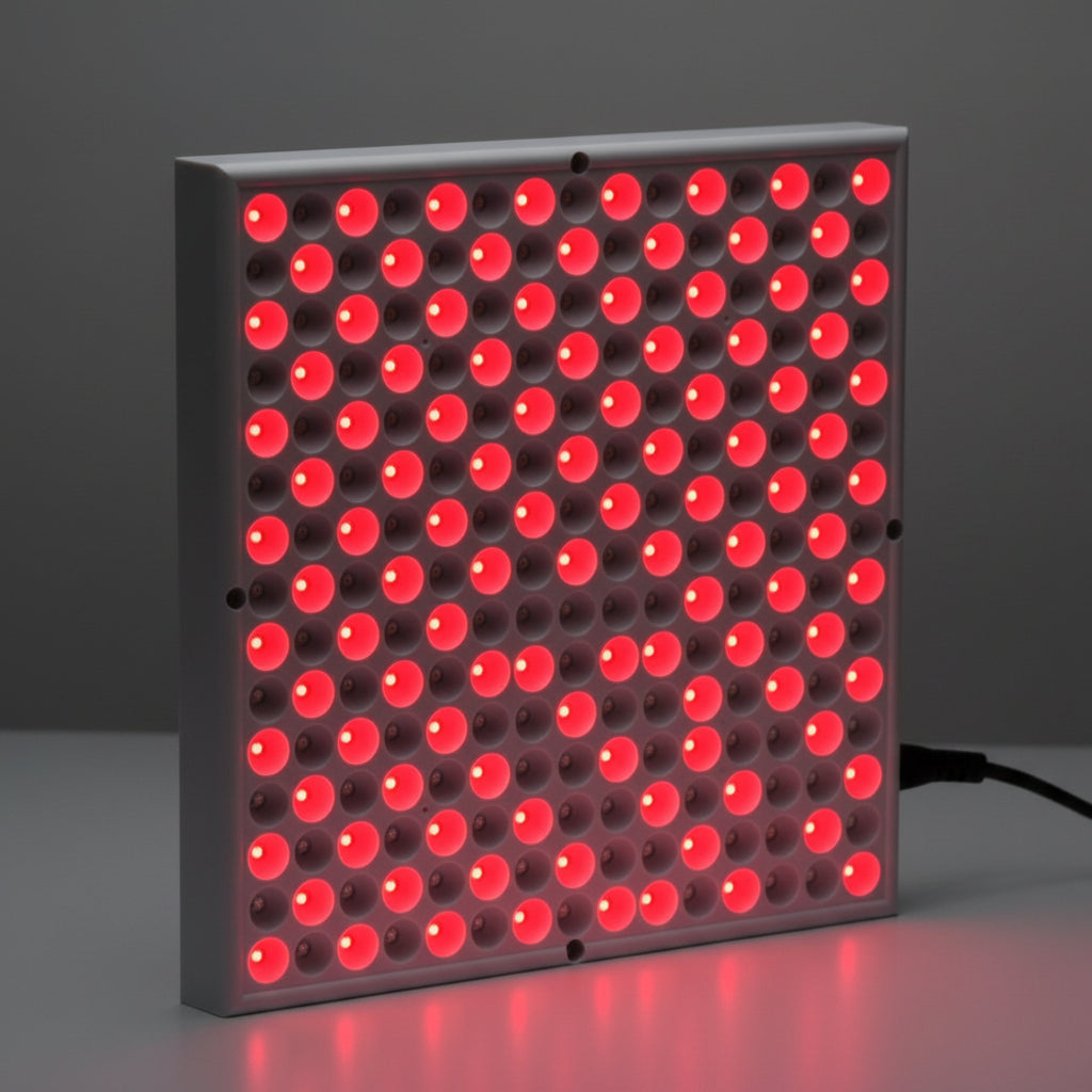 LED light panel with red and white lights on a white background