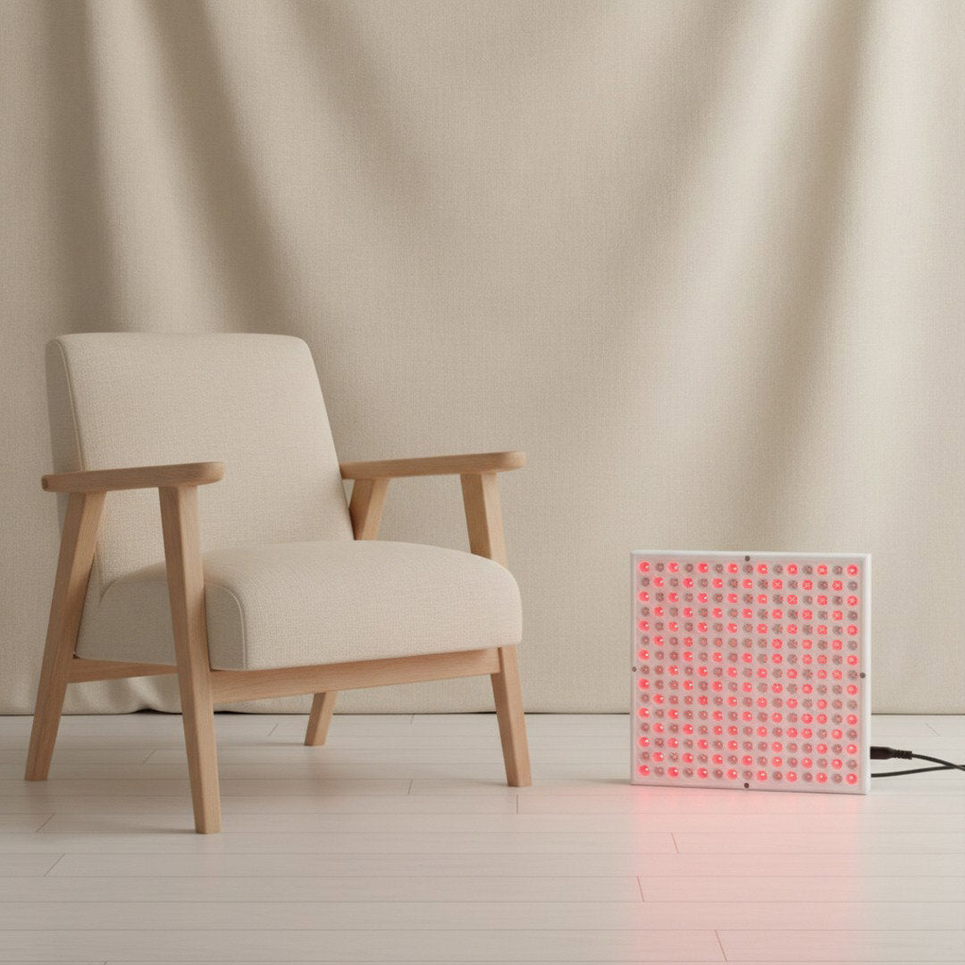Napio Glow Red Light Therapy Panel beside linen armchair in minimal room