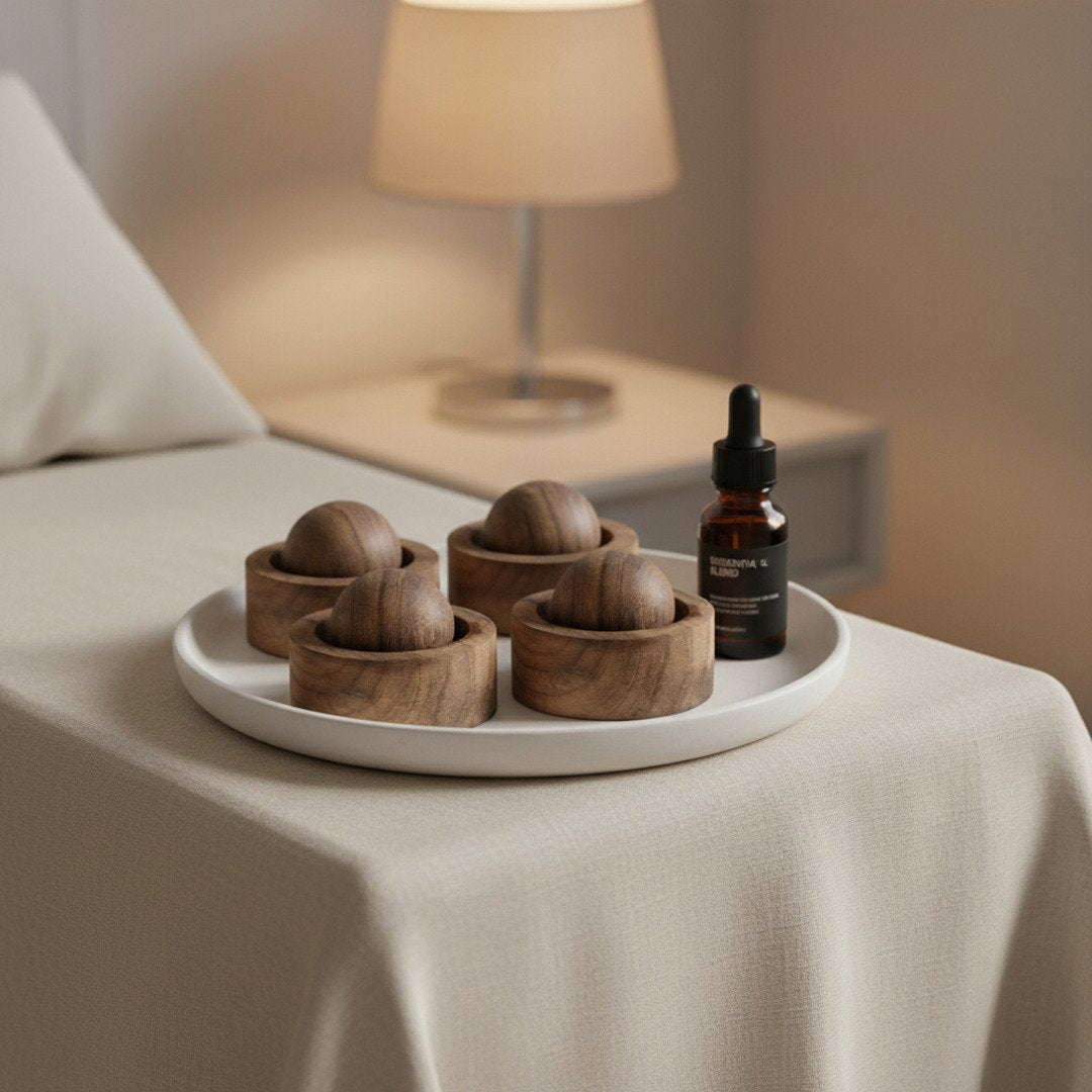 Napio Calm Diffuser wood balls on bedside tray with essential oil bottle and lamp